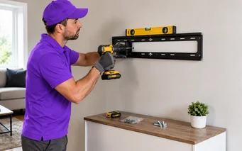 Flat-screen television mounted flush to a living room wall