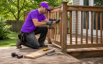 Rebuilt deck boards and repaired railing on a back garden deck